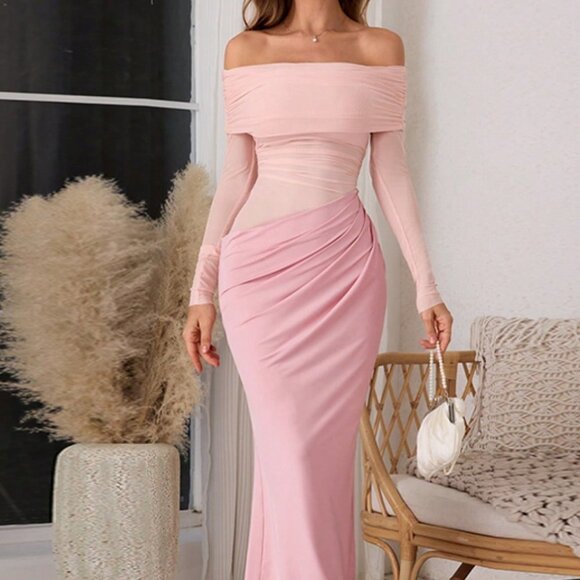 Pink Elegant Women's Off-Shoulder Mesh Hollow Out Maxi Sexy Fitted Dress - Picture 4 of 6